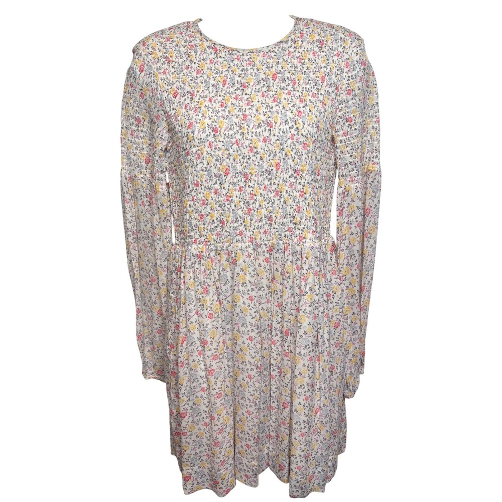 NWT GANNI Womens White Floral Smocked Long Sleeve Mini Dress 36/S Scandi Boho